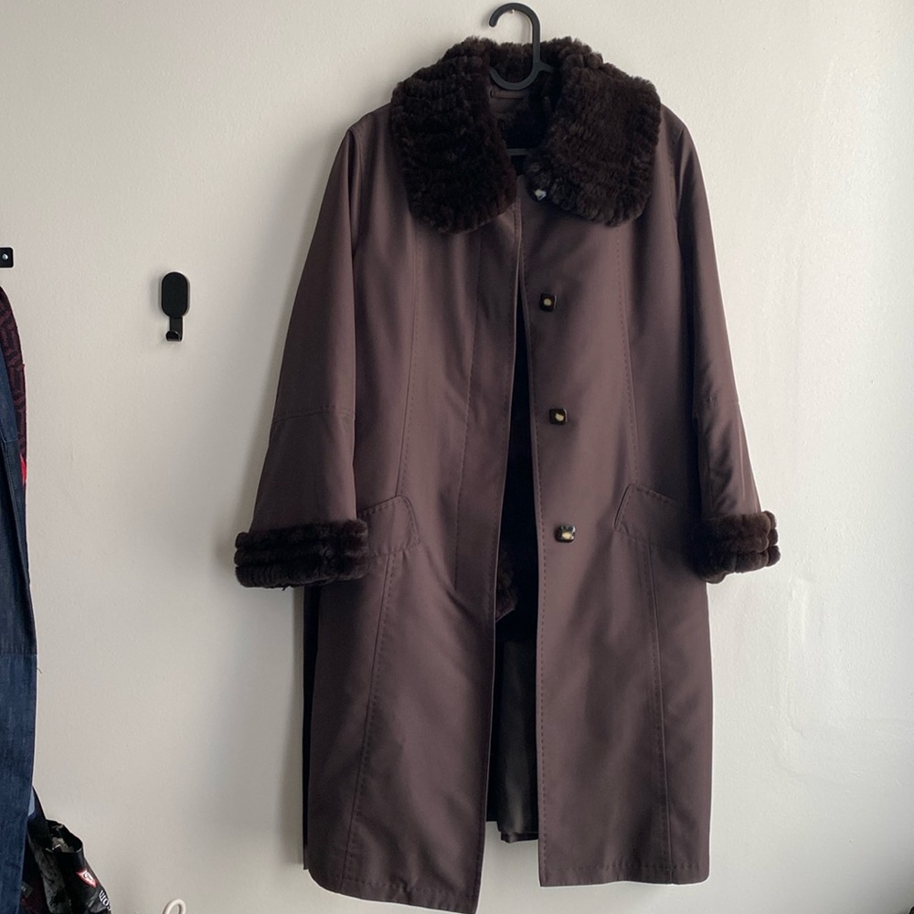 Colored fur long trench coat with separate inner fur zippered vest. Size S